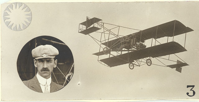 an old picture with a man in hat next to a model airplane