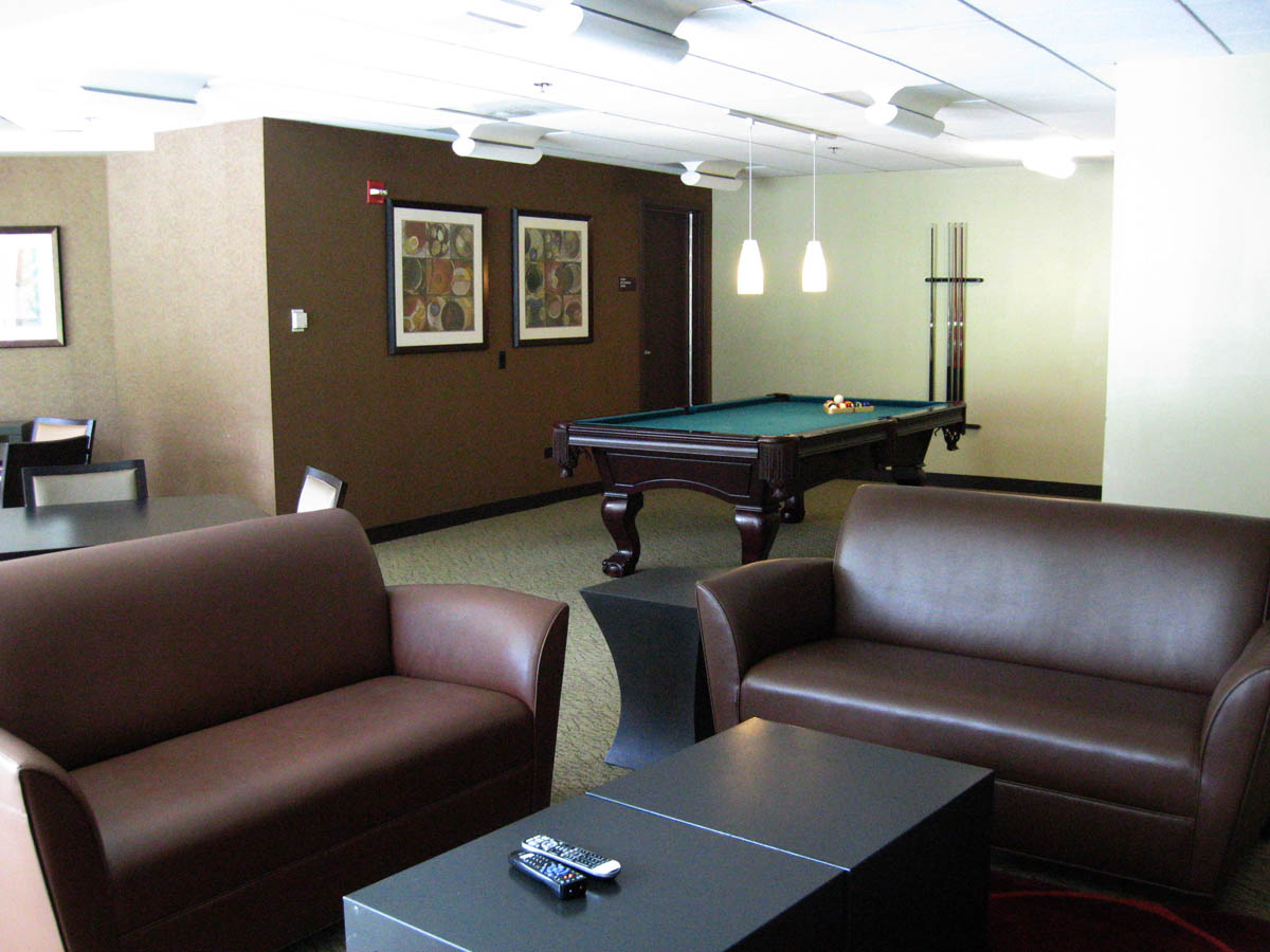 two couches and a pool table in a living room