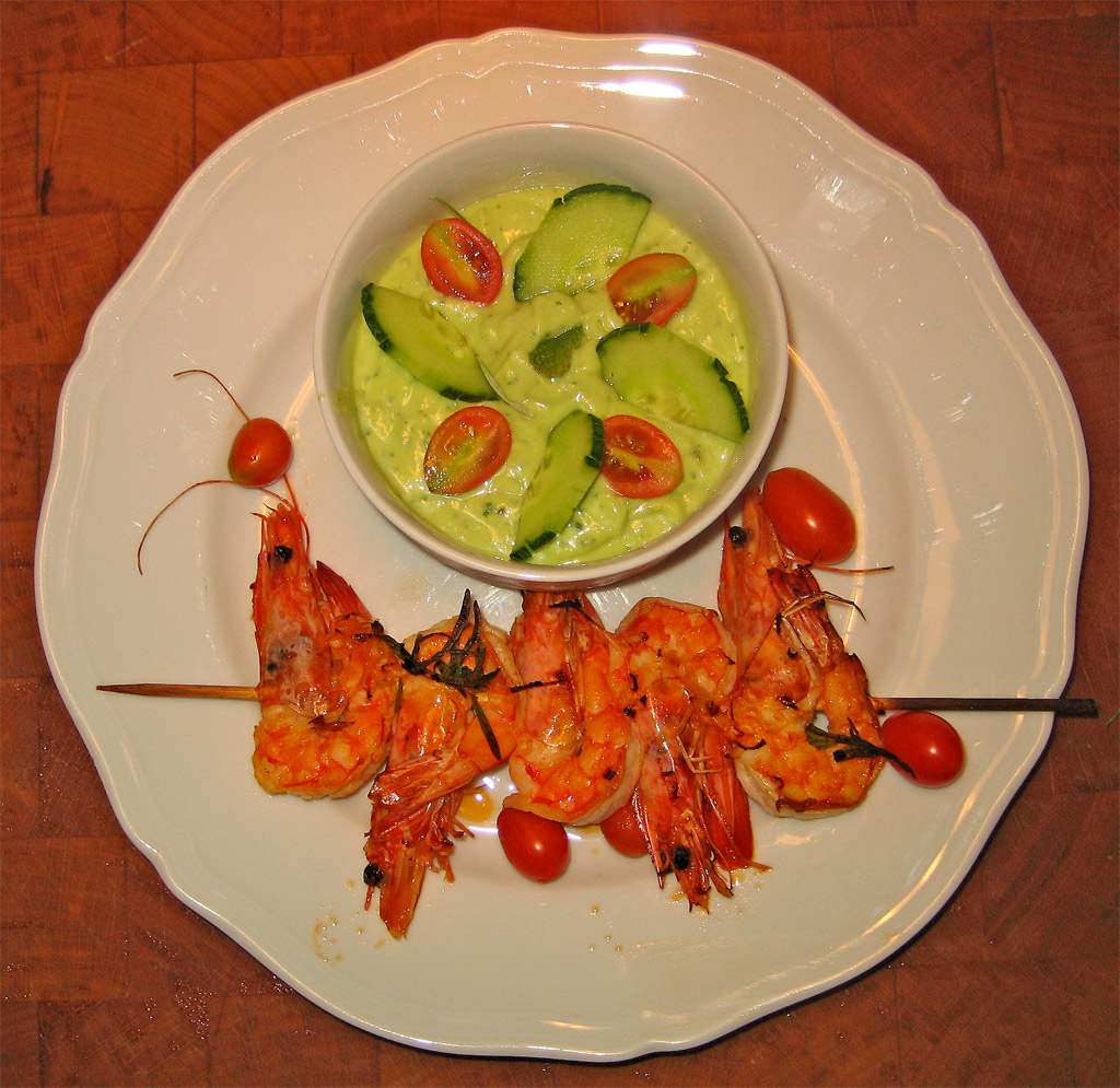 the shrimp and avocado salad served is ready