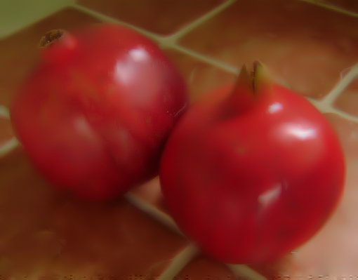 two tomatoes are sitting on the tiled floor