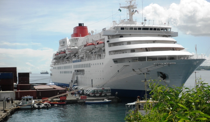 a large white cruise ship sits at the dock