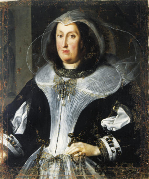 a painting of a woman in black, white and gold