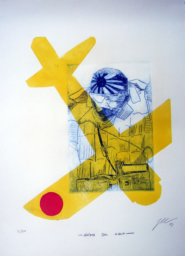 a picture with yellow and blue paint, some red circles and a plane