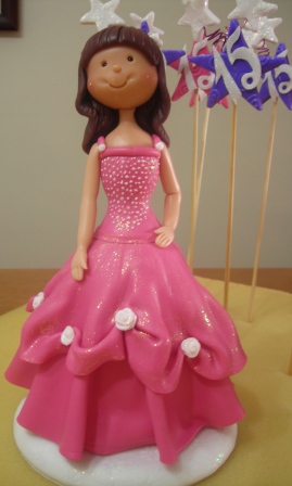 a doll dressed up with a pink dress standing next to birthday decorations