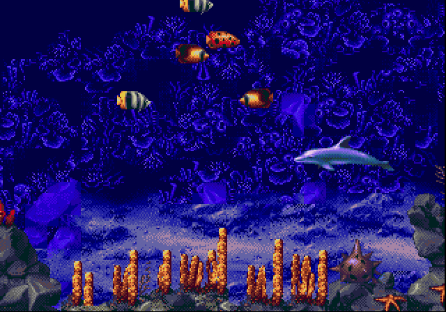 an old game of a blue ocean with sea life