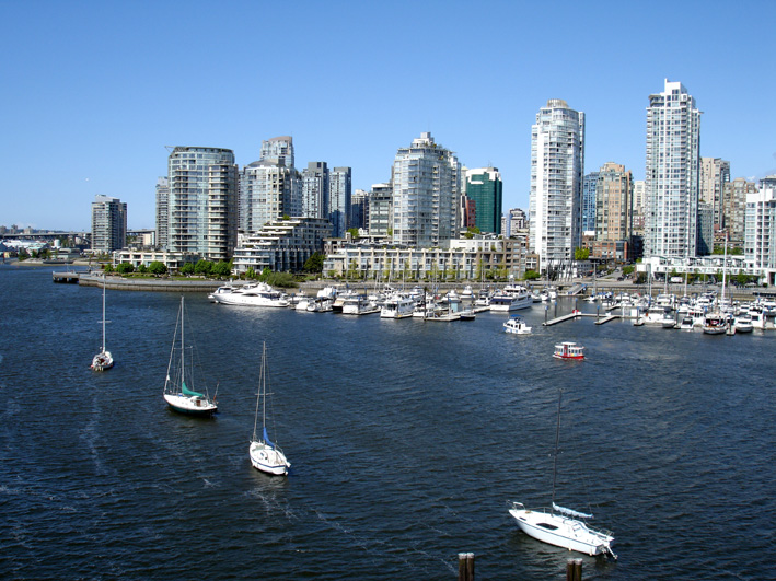 a harbor with sail boats and high rises in the background