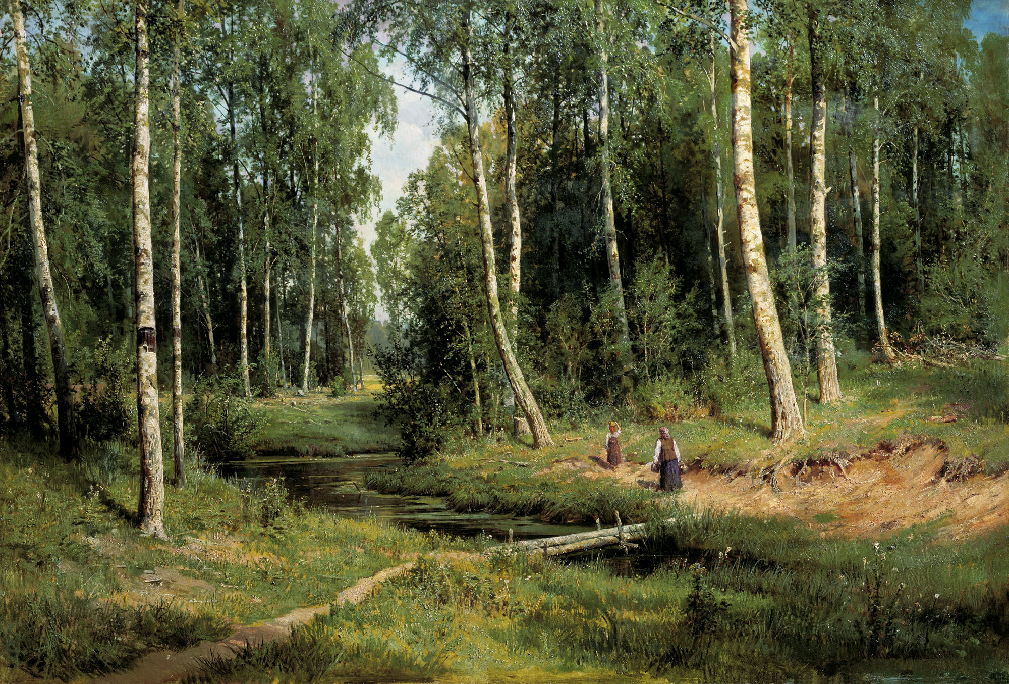 a painting of people walking through a forest by a stream