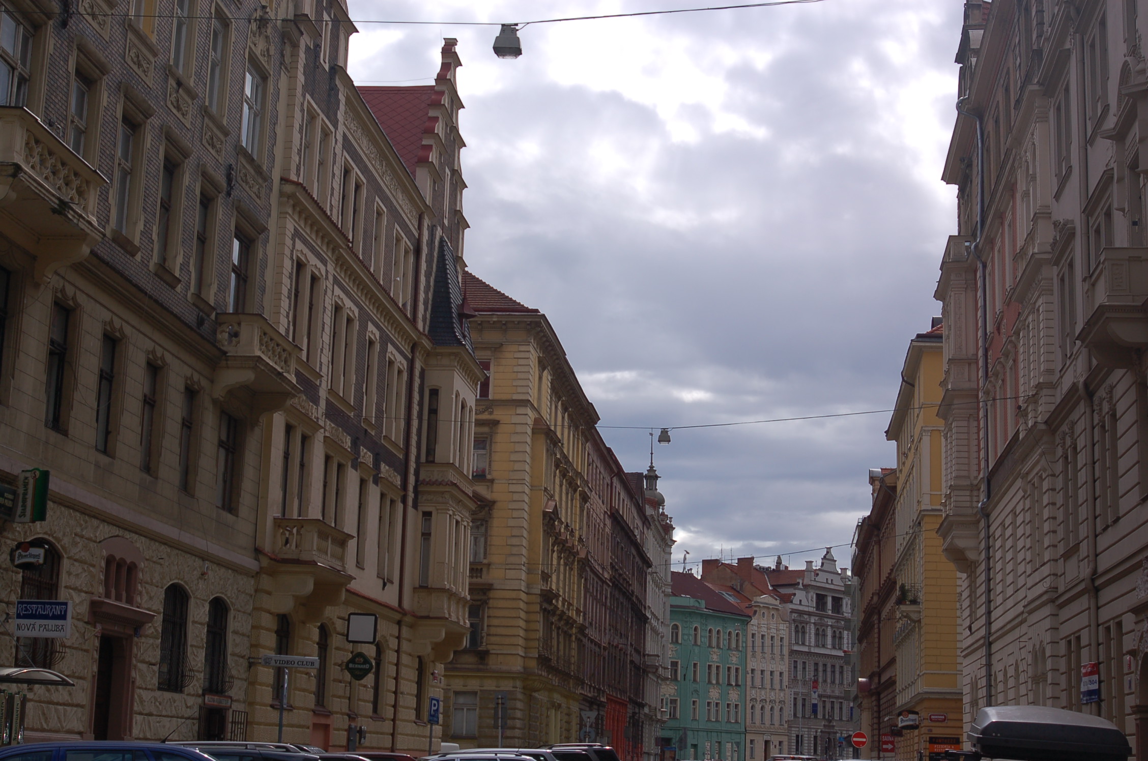 the view down a long, narrow city street