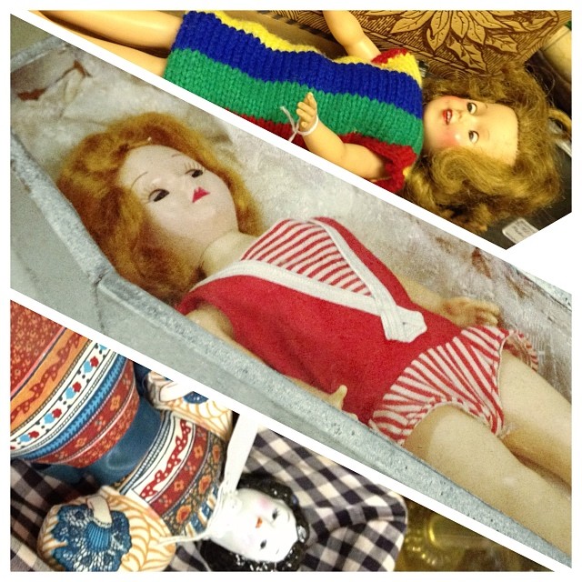 a collage of four different images showing one of a doll and the other of an unkempt, on wooden