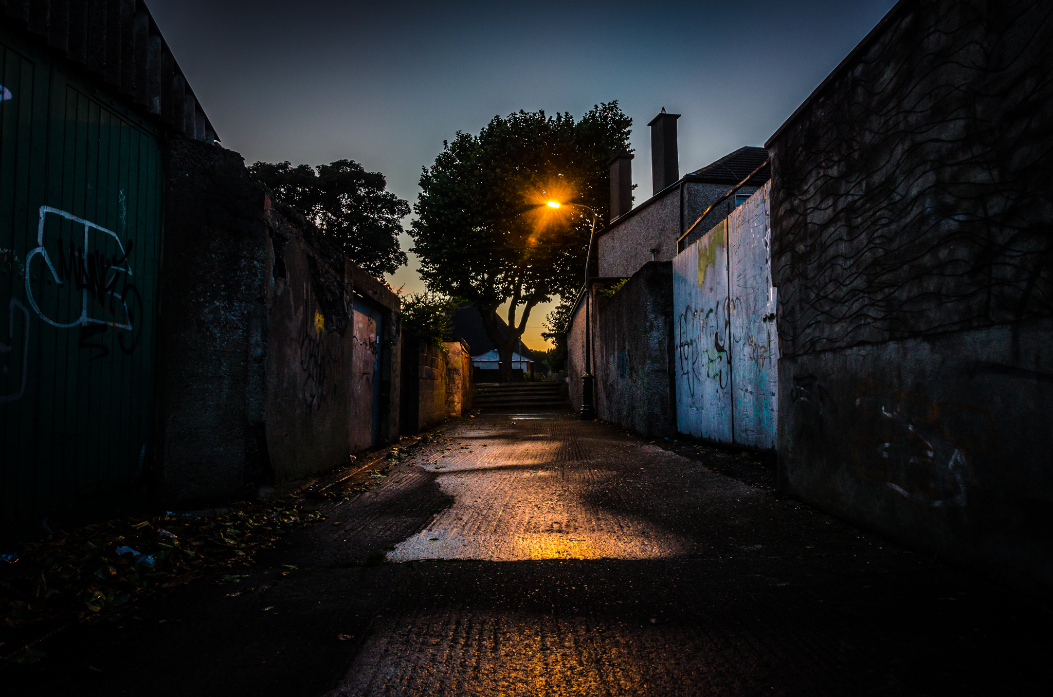 a small cobblestone alley in the dark