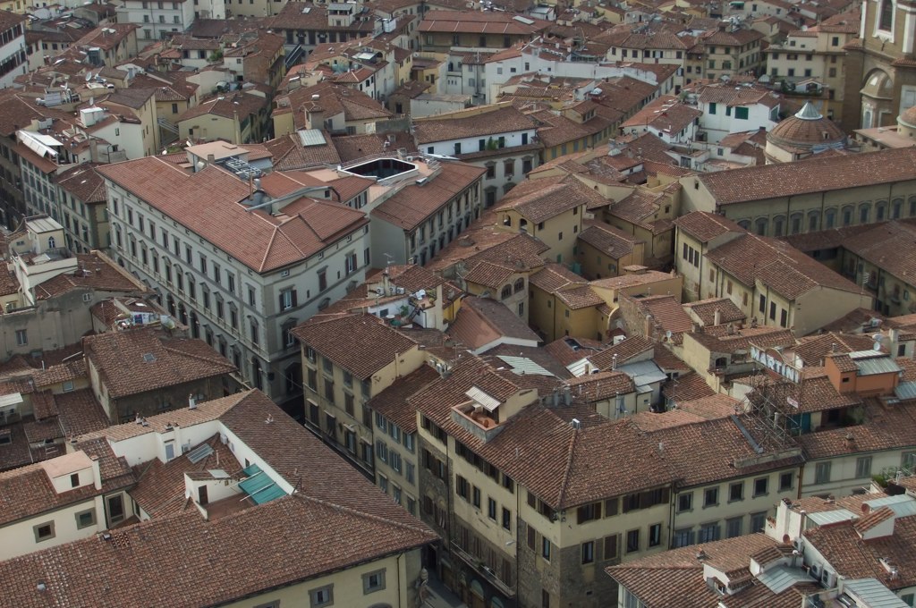 the view from the observation point shows the roofs of several buildings in old european country houses