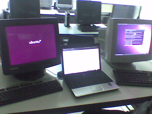 four computers set up on desks with keyboards