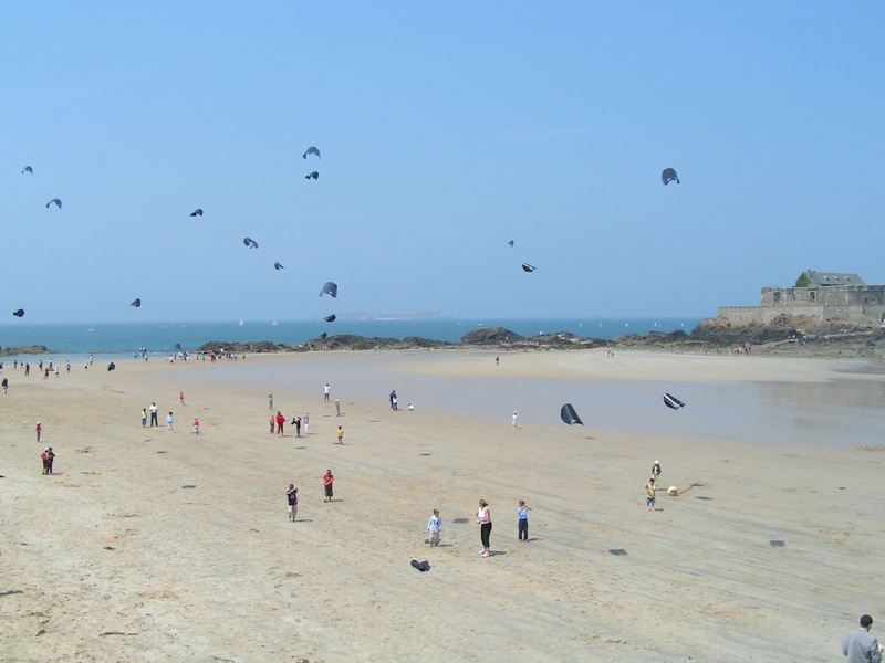 a group of people on the beach flying kites