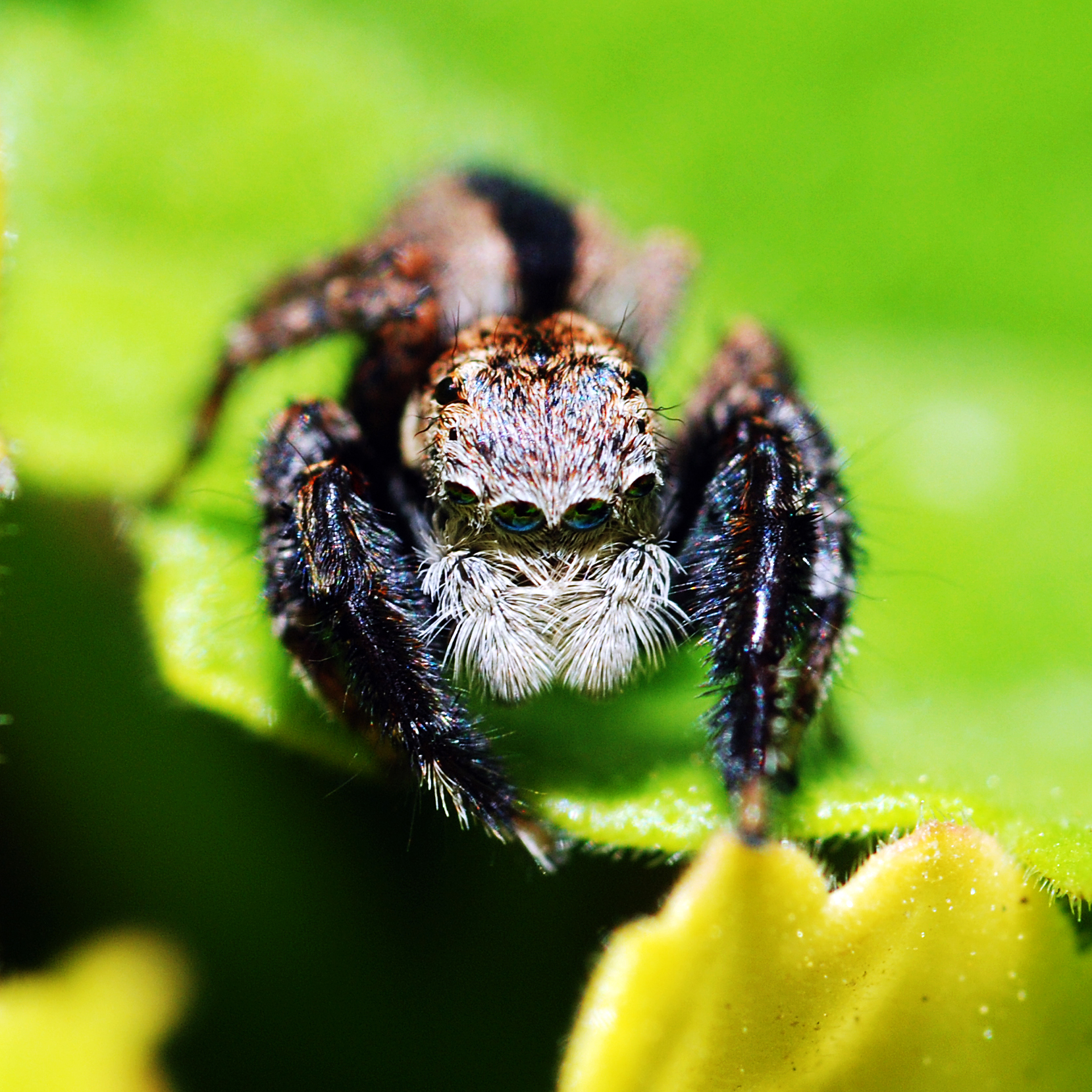 a jumping spider with orange and gray stripes on its head