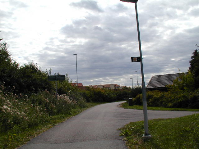 a road leading to a street light with a sky in the background