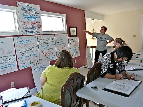 five students sitting in a classroom with several whiteboards on the walls