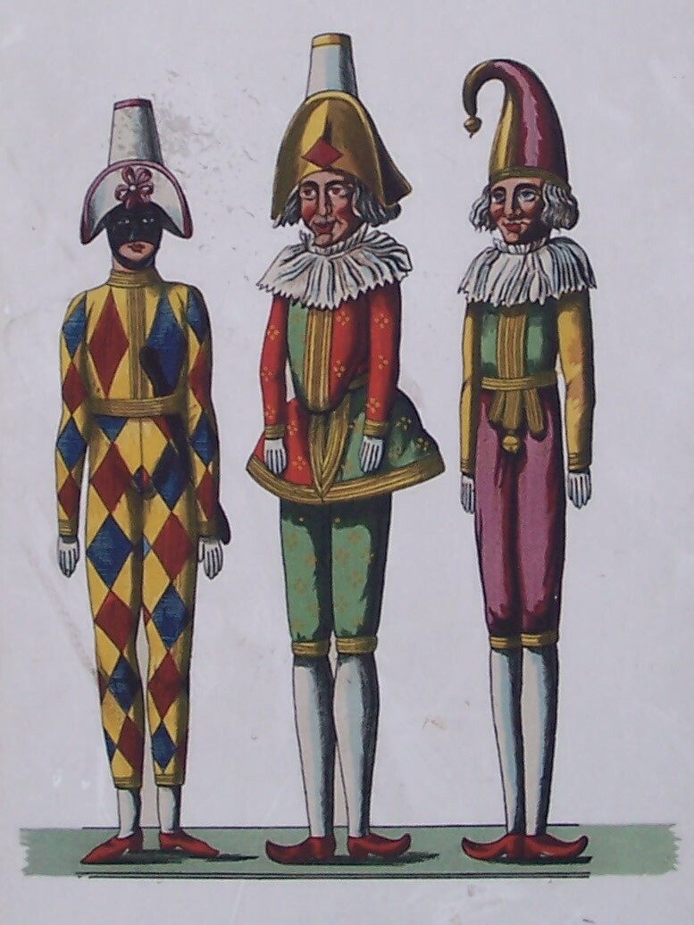 three colorful clowns are standing with hats on
