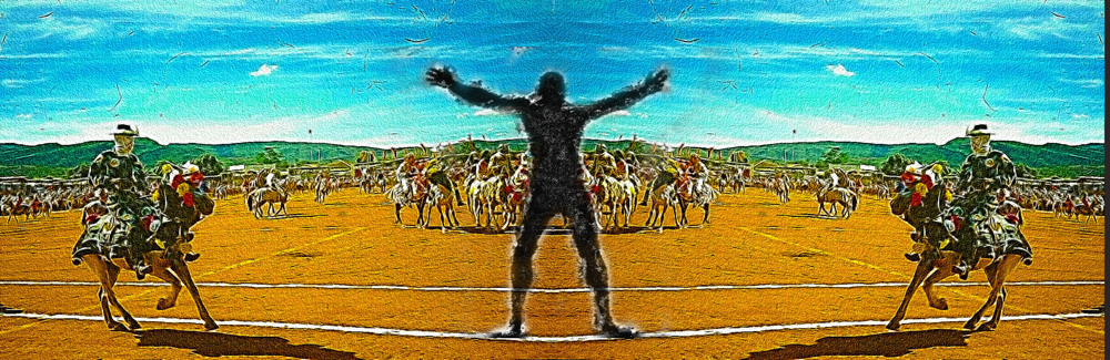a man standing on top of a dirt field