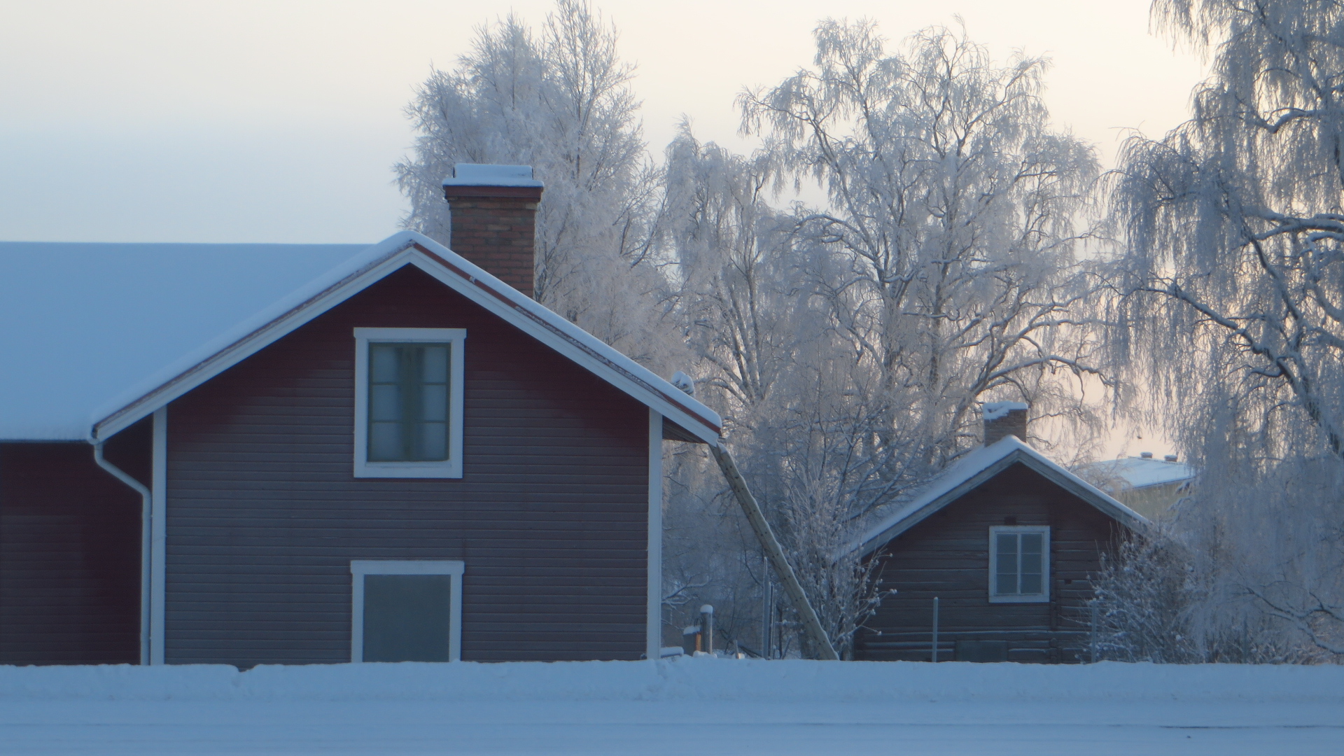 two barns with frosted trees around them