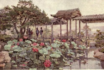 oriental garden with water lilies and a bridge