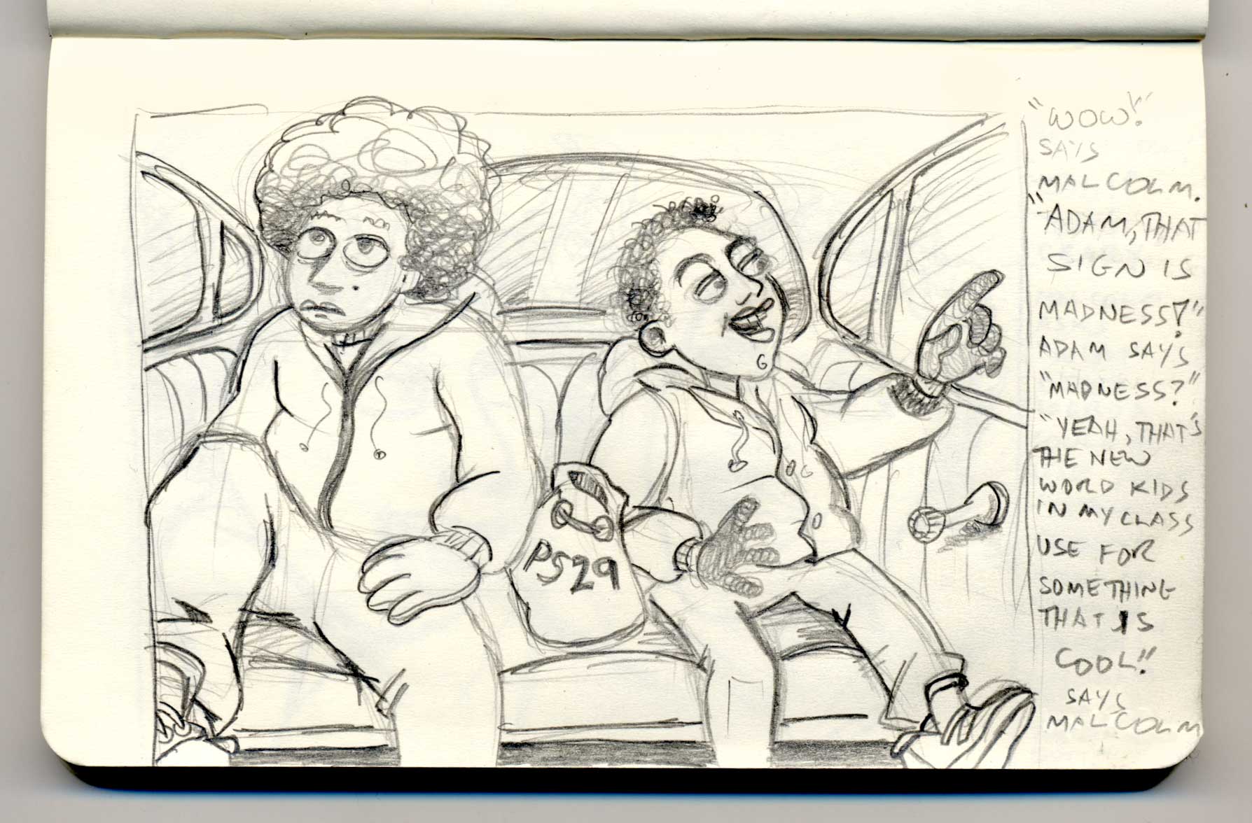 an old black and white sketch of two people on a bus