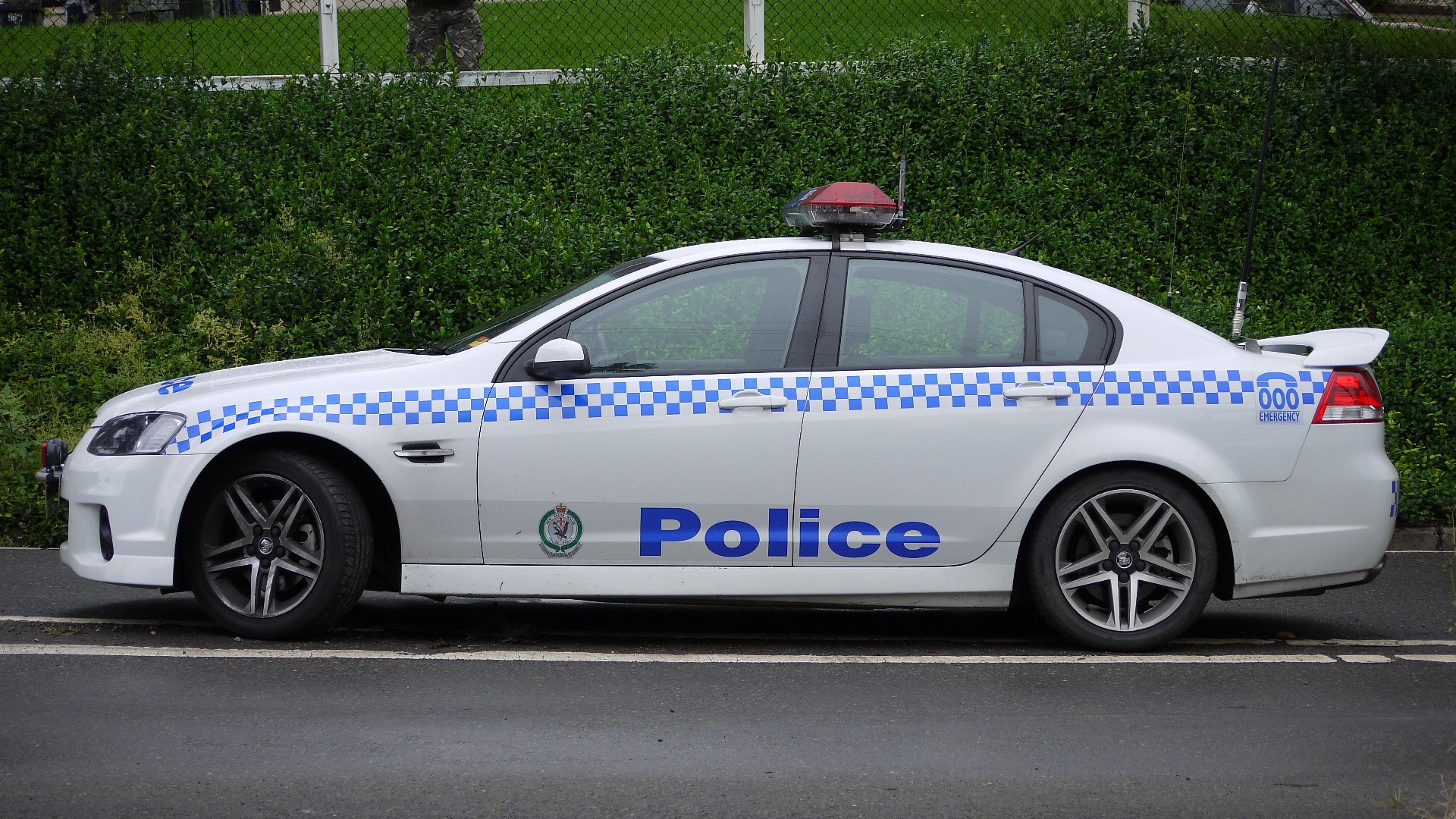 a police car parked in front of a hedge