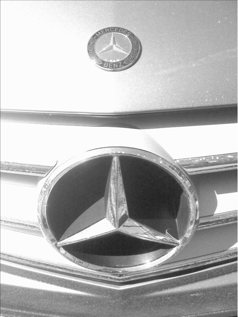 the emblem on a vehicle in a black and white po