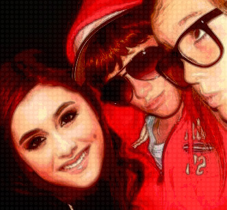 two girls and one boy with glasses and a santa hat