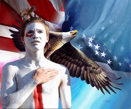 a man has his face painted with the american flag and an eagle