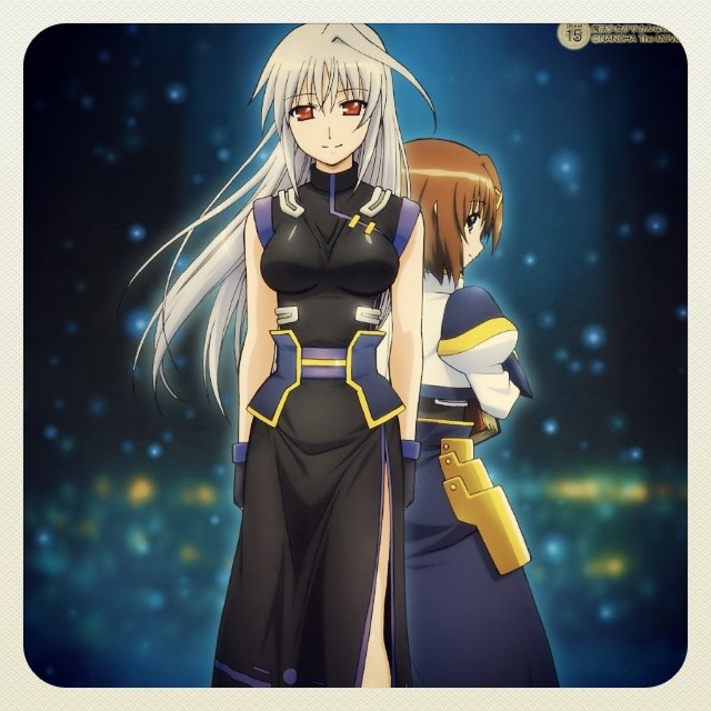 an anime scene shows a girl with long hair standing behind another person in black