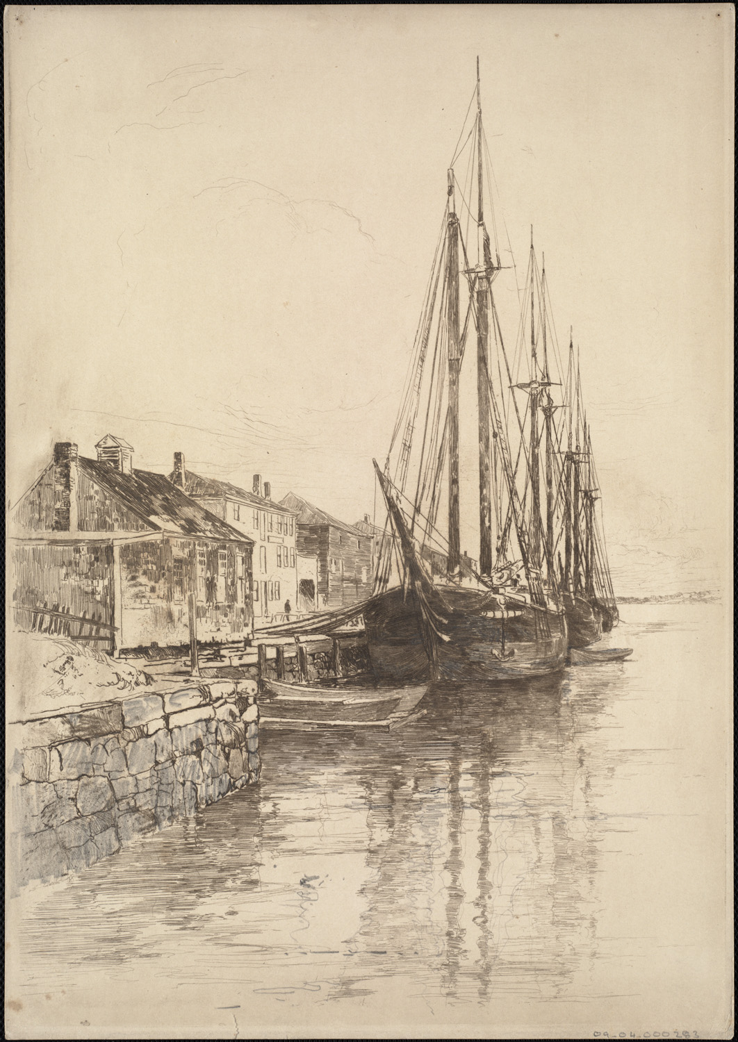a drawing of boats docked in the harbor