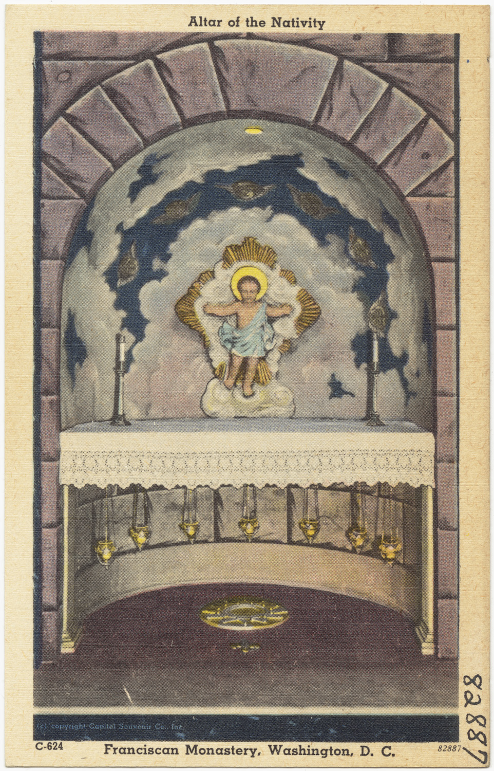 a card with an image of a person standing in front of a shrine