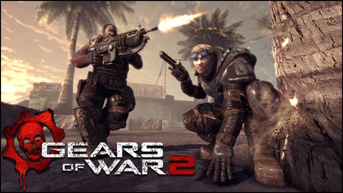 two men in uniform with guns are playing gears of war 2
