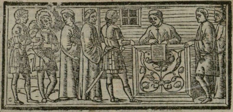 a page from an old book with a man and a boy talking to other people
