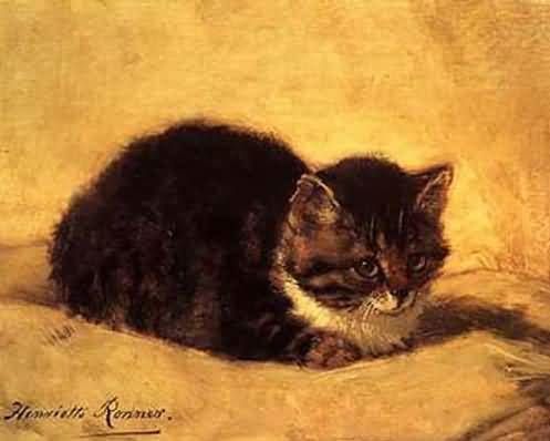 a painting shows a small cat sitting on the couch