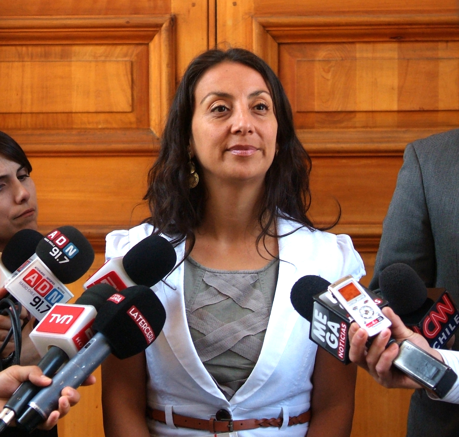 a woman talking to a bunch of reporters