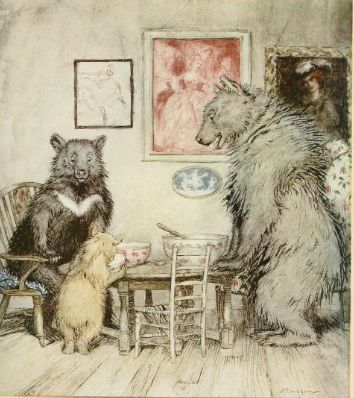 an illustration shows two bears looking at a little dog that is eating