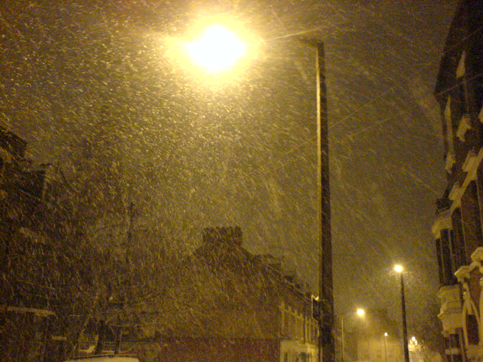 street lights during a snowstorm on an intersection