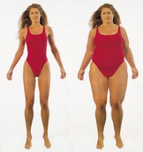 a woman wearing a red swimsuit on a white background