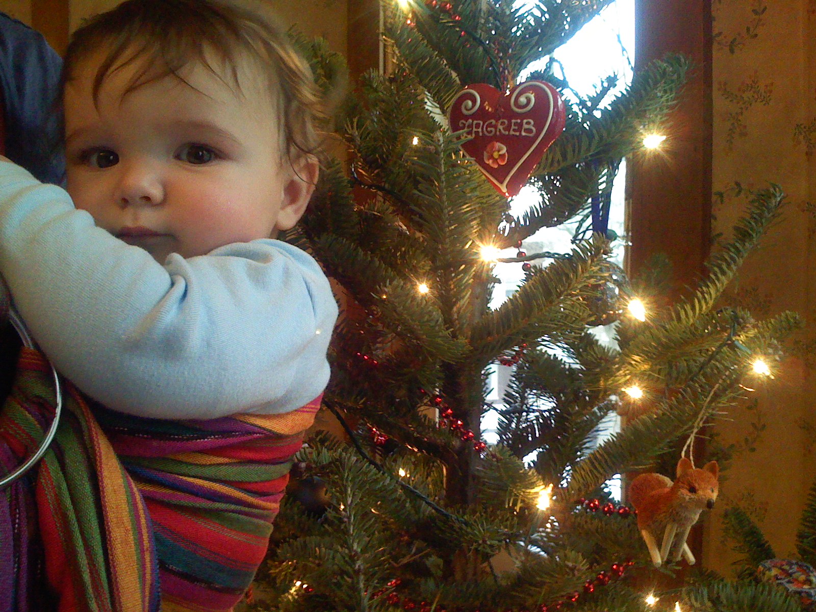 a toddler hugging his mom's shoulders while standing by a christmas tree