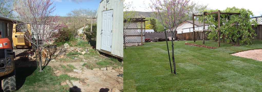 two pictures showing lawn area with landscaping equipment