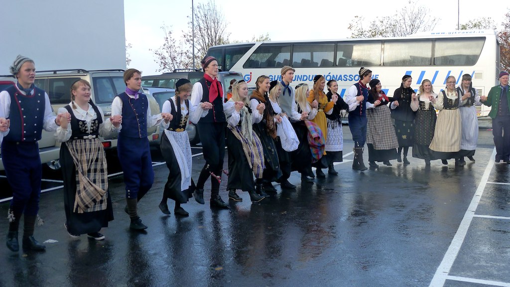 a group of people in a line of costumes walk along the street