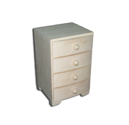 a wooden chest of drawers sitting against a white wall