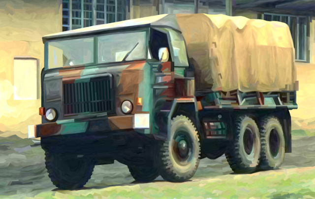 a military truck parked in front of a house