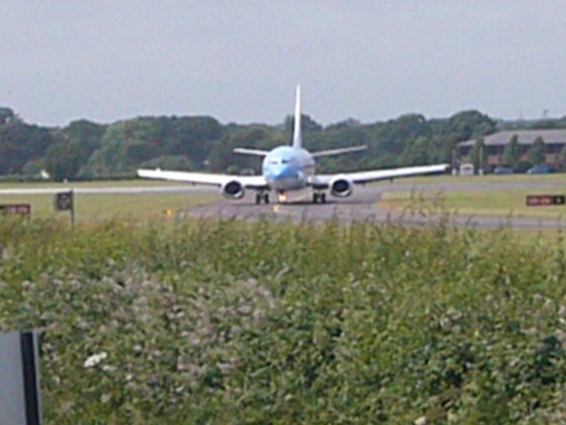 a large blue airplane on a run way