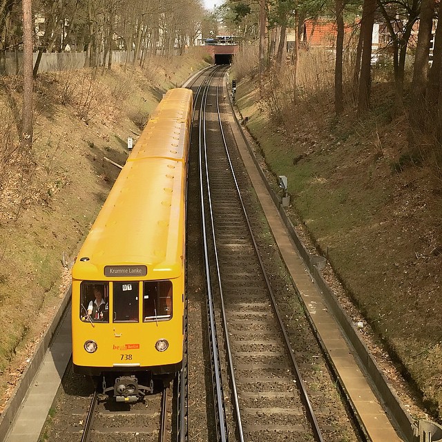 the train is traveling down the tracks through the forest