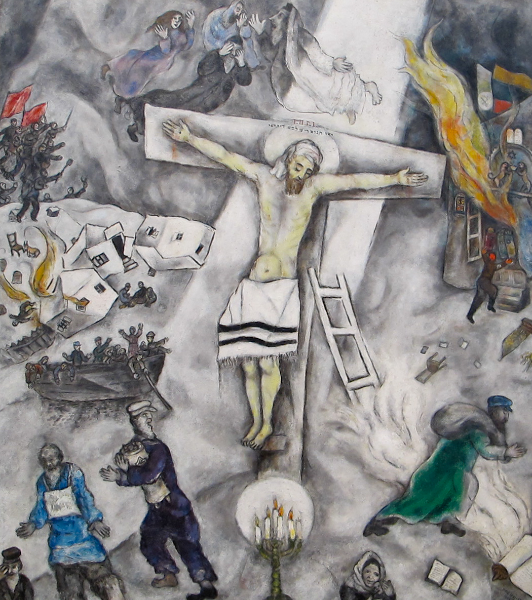 a painting of jesus on the cross surrounded by people