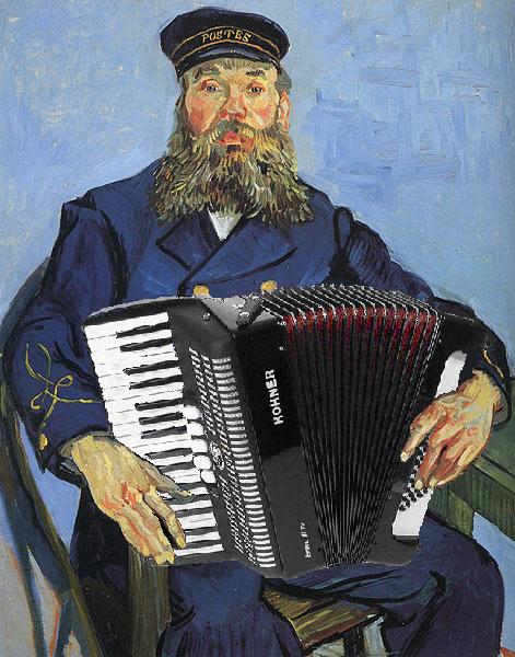 painting shows an image of an old man with a mustache, wearing a navy uniform and holding an accordion