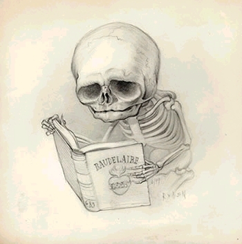 a cartoon skeleton holding a book and reading