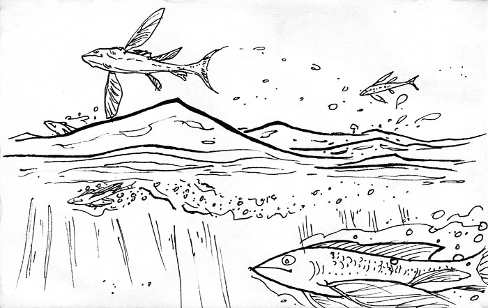a cartoon fish with mountains in the background